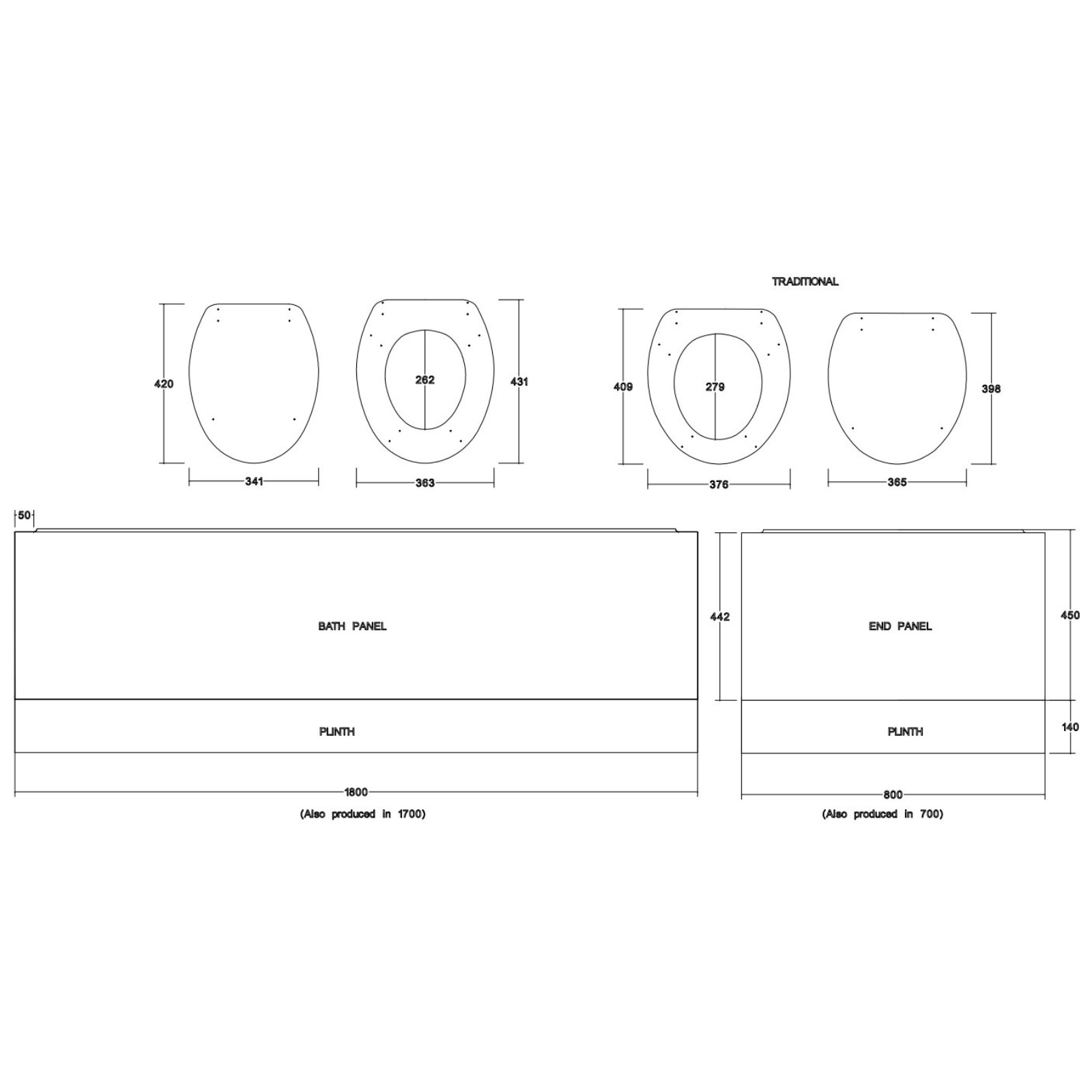 Technical drawing/blueprint of toilet seat components with dimensions