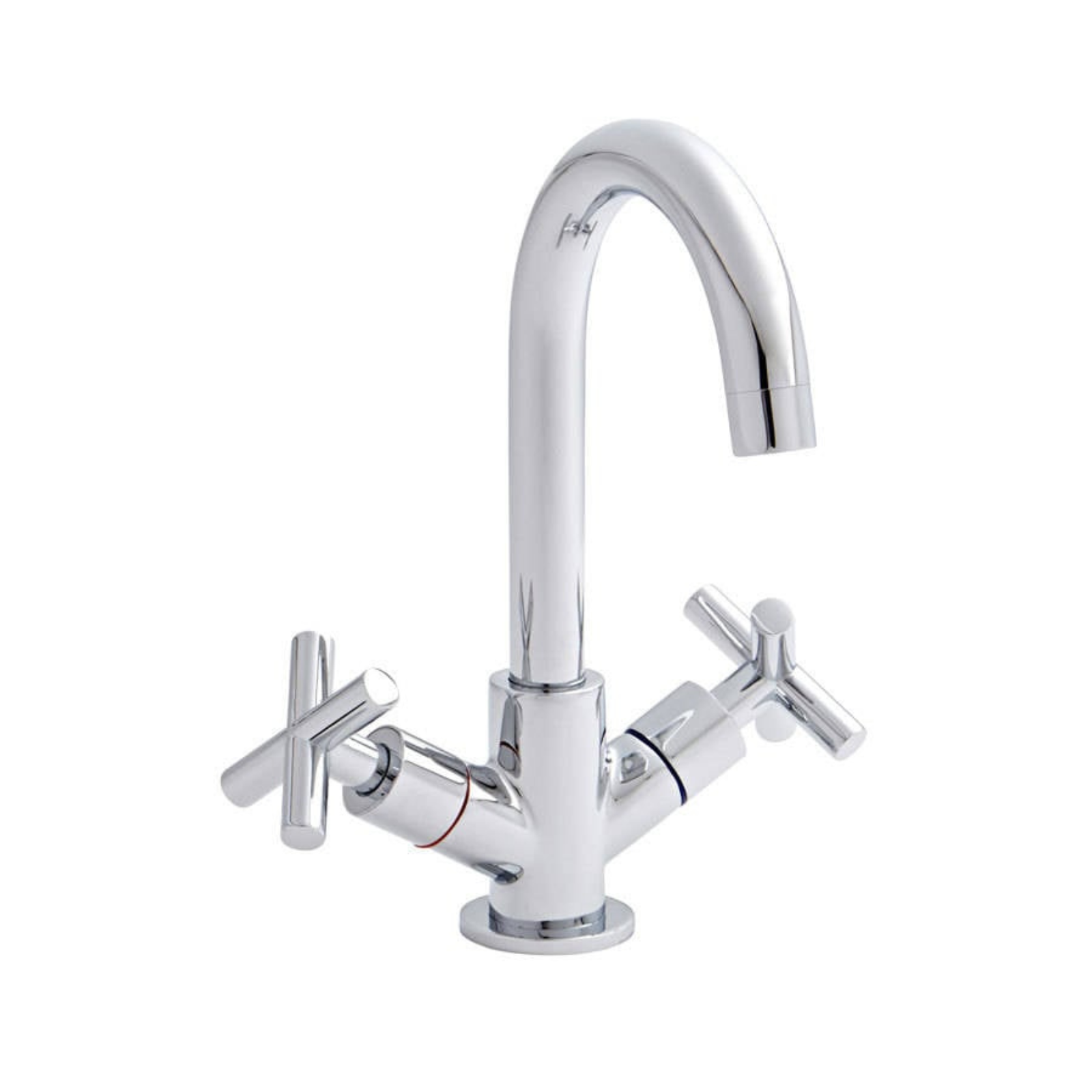 Chrome kitchen faucet/tap/spout with two handles on a white background
