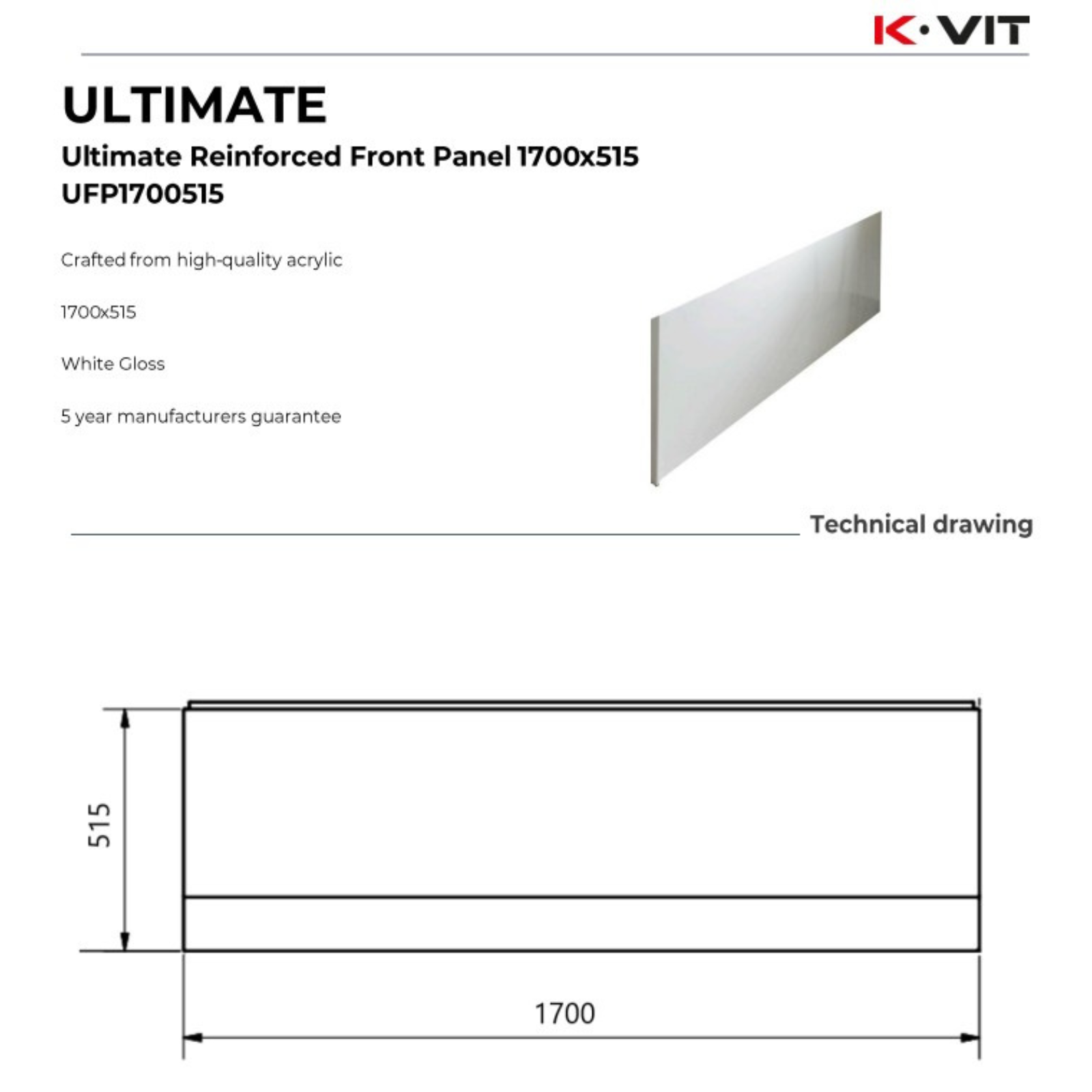 Technical drawing/blueprint of K-Vit Ultimate Reinforced Front Panel with dimensions and material details.