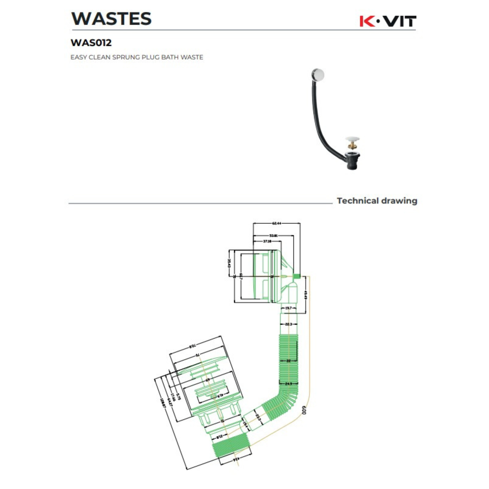 Technical drawing of a bath waste system with K-Vit branding on a white background