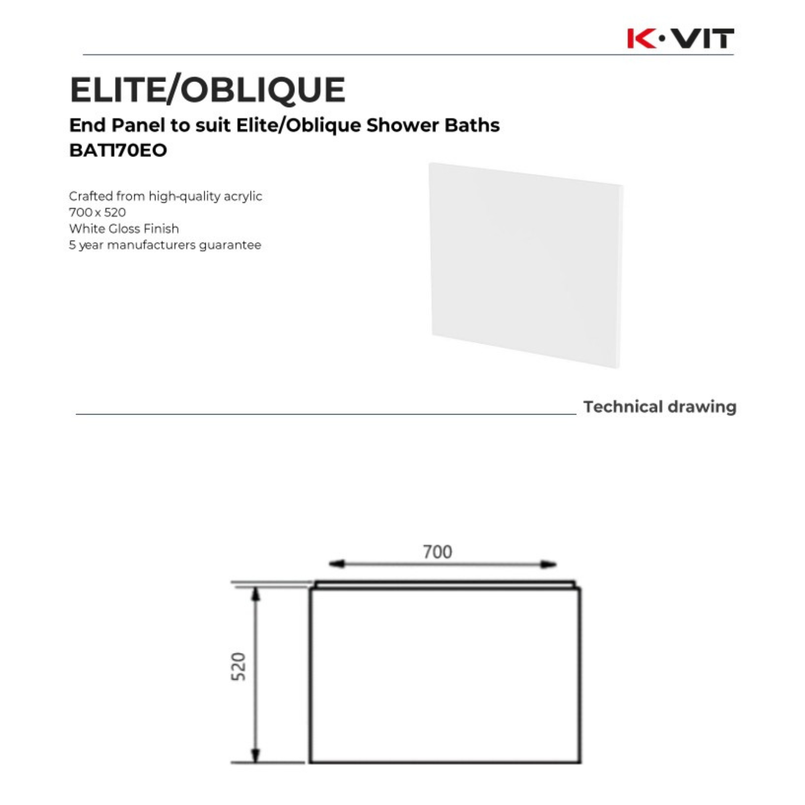 K-Vit Elite/Oblique shower bath end panel technical drawing/blueprint with dimensions and material details.