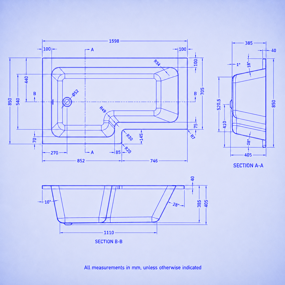 1600mm L Shaped Left Hand Curved Shower Bath Acrylic