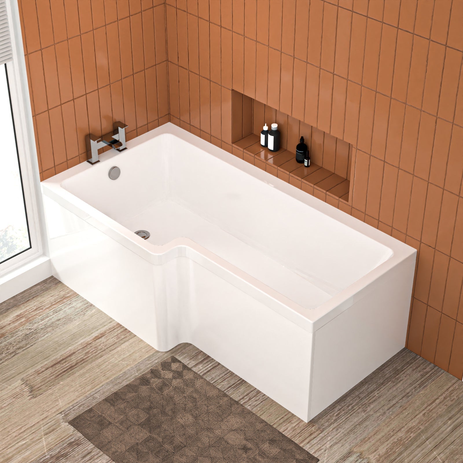 1600mm x 850mm L Shaped LH Curved Shower Bath Acrylic & Front Panel