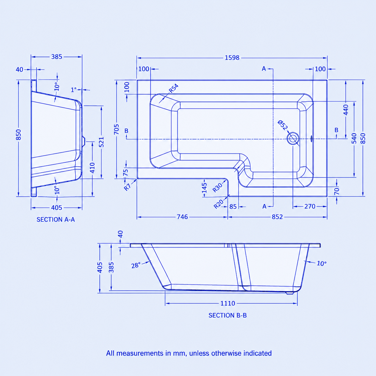 1600mm L Shaped Right Hand Curved Shower Bath Acrylic