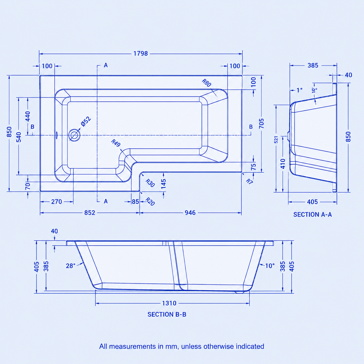 1800mm L Shaped Left Hand Curved Shower Bath Acrylic