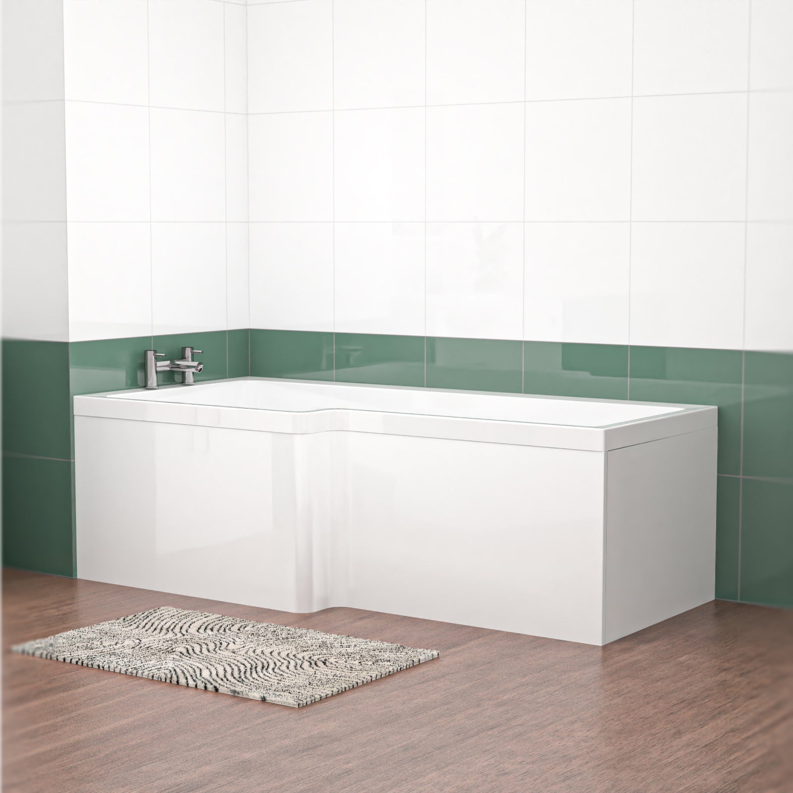 1800mm x 850mm L Shaped LH Curved Shower Bath Acrylic & Front Panel