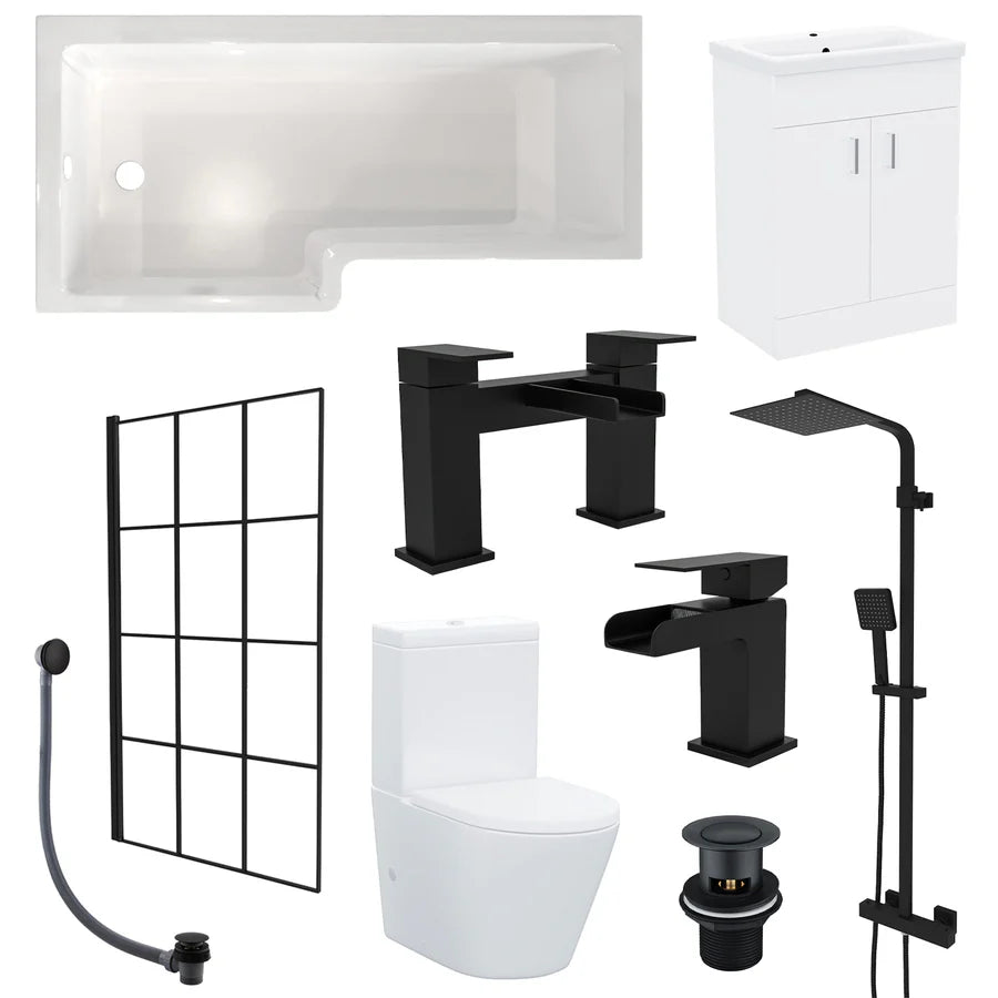 Nanuya L-Shaped LH Shower Bath Basin Vanity Toilet Set Matte Black Taps