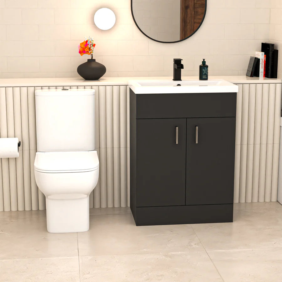 Nanuya L-Shaped LH Bath Shower Dark Grey Basin Vanity Toilet Matte Black Taps