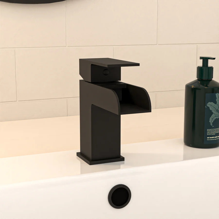 Nanuya L-Shaped LH Bath Shower Dark Grey Basin Vanity Toilet Matte Black Taps