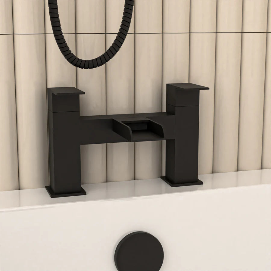 Nanuya L-Shaped LH Bath Shower Dark Grey Basin Vanity Toilet Matte Black Taps