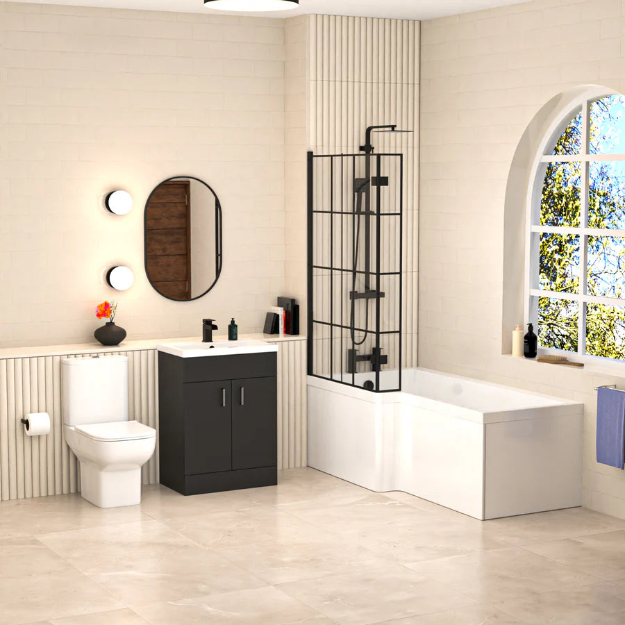 Nanuya L-Shaped LH Bath Shower Dark Grey Basin Vanity Toilet Matte Black Taps