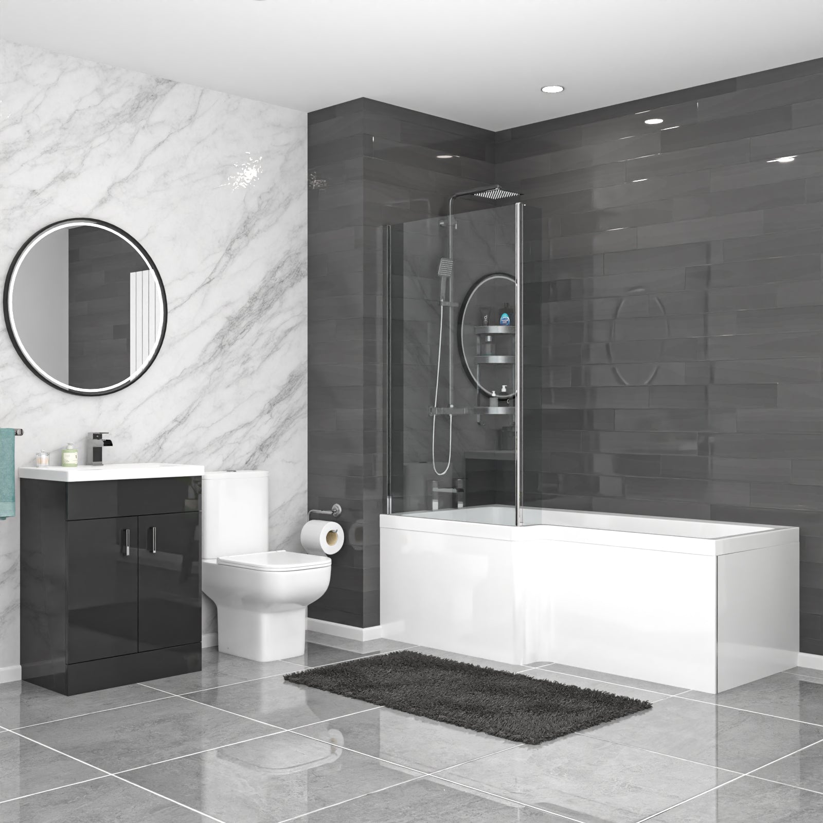 Nanuya White L-Shaped LH Shower Bath + Basin BTW Toilet Vanity With Taps