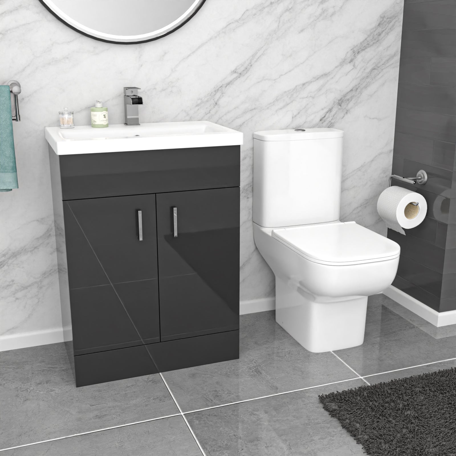 Nanuya White L-Shaped LH Shower Bath & Basin BTW Toilet Vanity With Taps