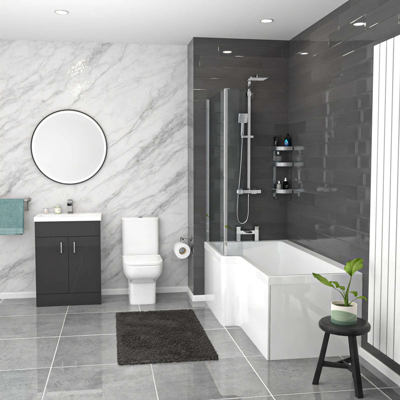 Nanuya White L-Shaped LH Shower Bath & Basin BTW Toilet Vanity With Taps