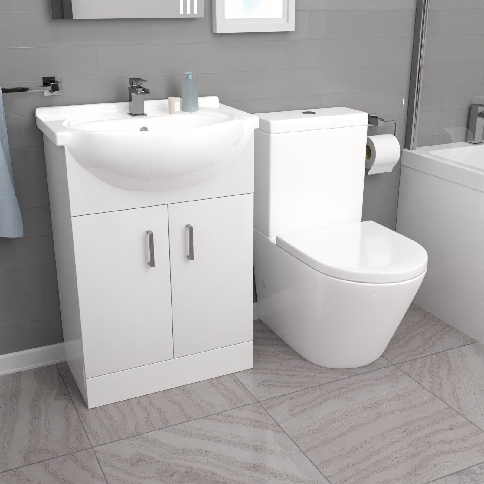 Ellen L-Shaped Shower Bath with Vanity Unit & Toilet