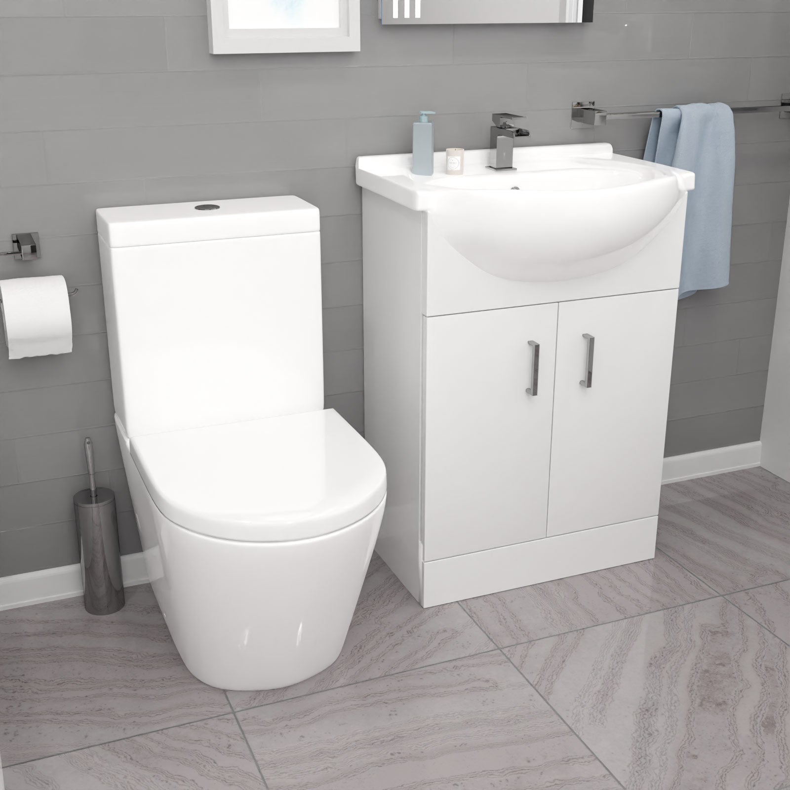 Ellen L-Shaped Shower Bath with Vanity Unit & Toilet