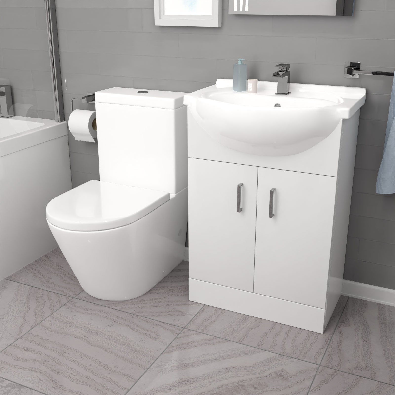 Ellen L-Shaped Shower Bath with Vanity Unit & Toilet