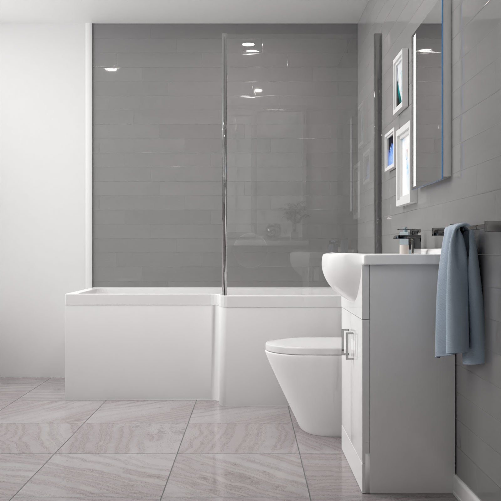 Ellen L-Shaped Shower Bath with Vanity Unit & Toilet