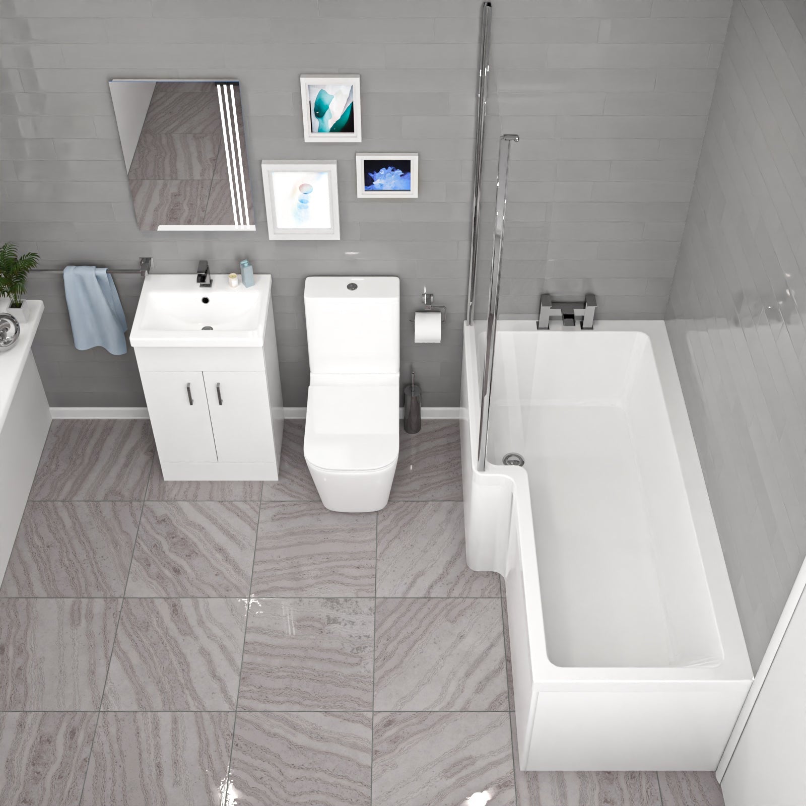 Nanuya L-Shaped Shower Bath with Vanity Unit & Toilet, Taps & Shower Suite