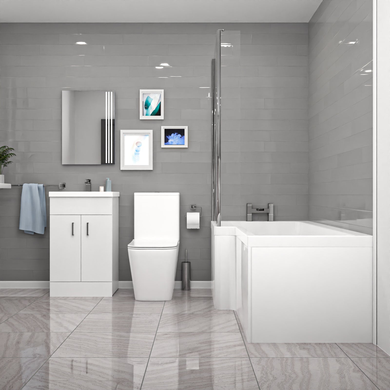 Nanuya L-Shaped Shower Bath with Vanity Unit & Toilet, Taps & Shower Suite