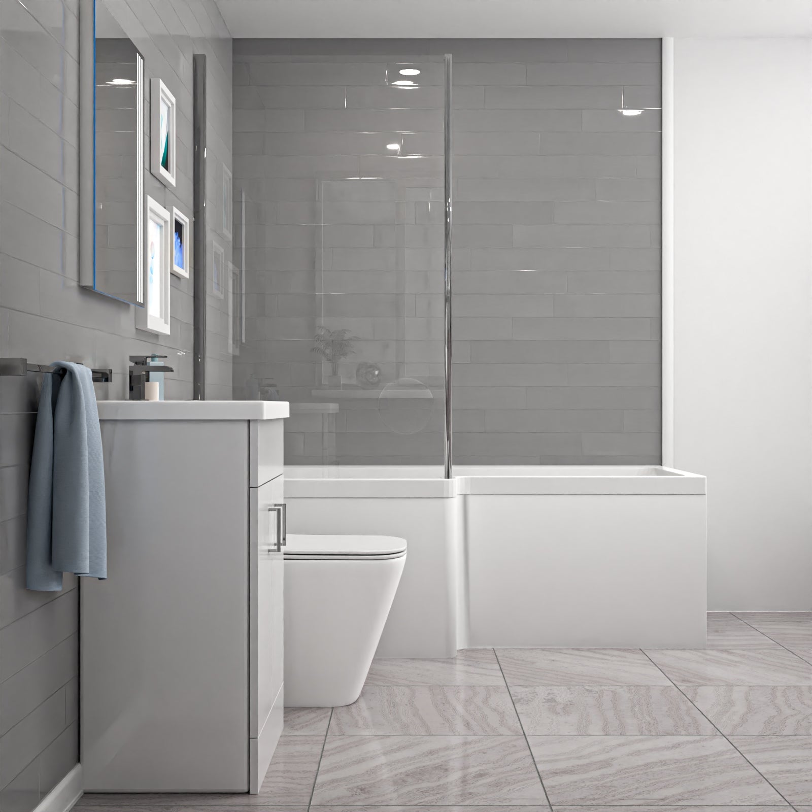 Nanuya L-Shaped Shower Bath with Vanity Unit & Toilet, Taps & Shower Suite