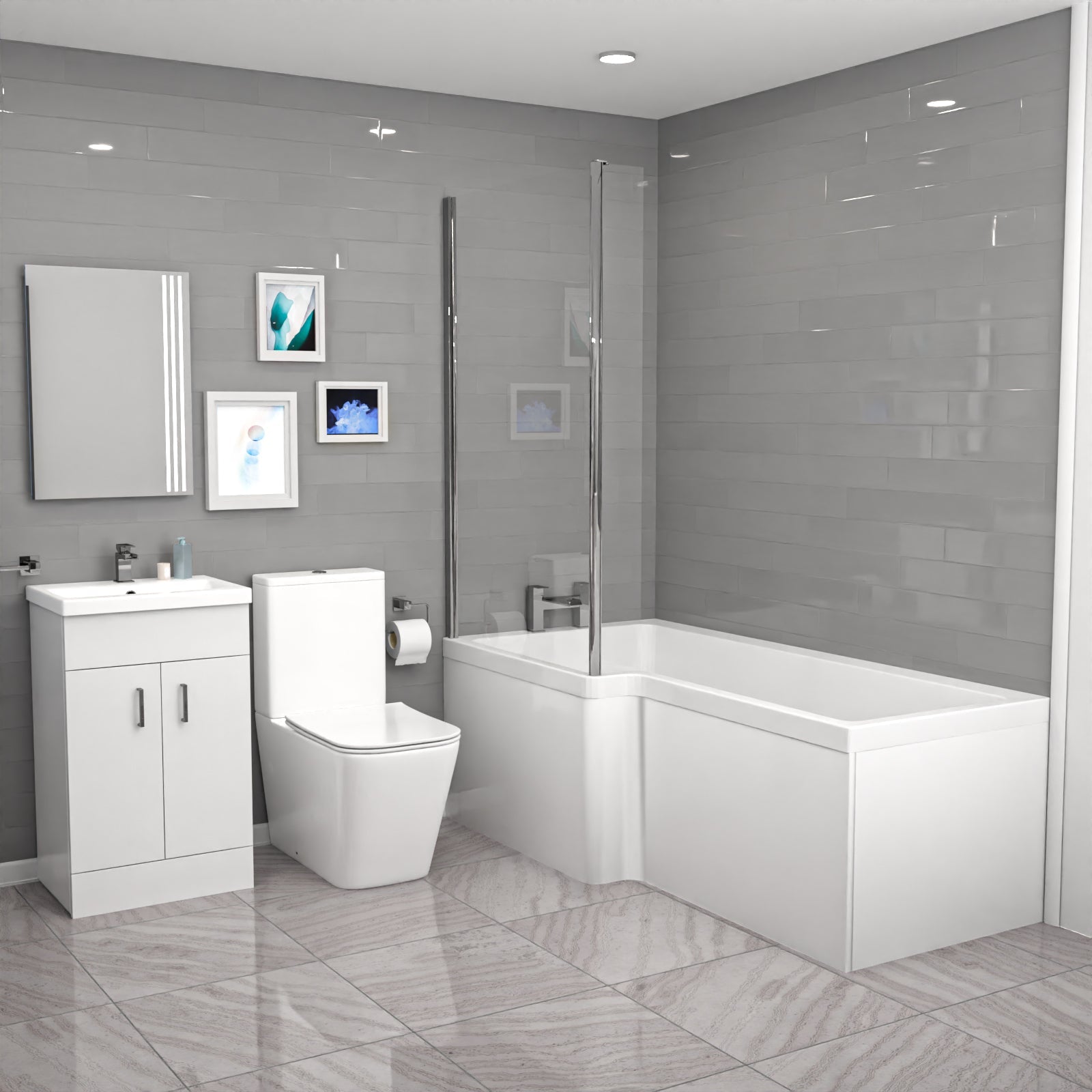 Nanuya L-Shaped Shower Bath with Vanity Unit & Toilet, Taps & Shower Suite