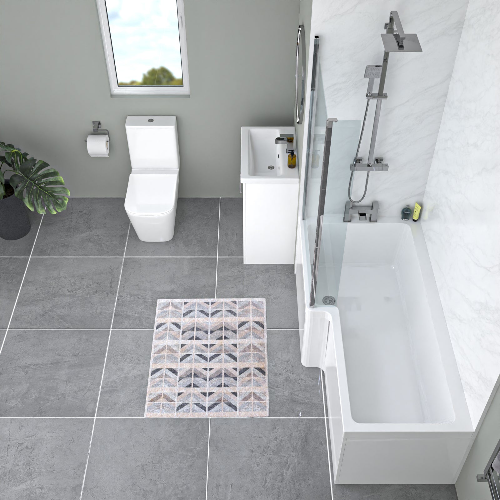 Nanuya L-Shaped LH Bath Front Panel White Basin Vanity Toilet Tap & Shower Set