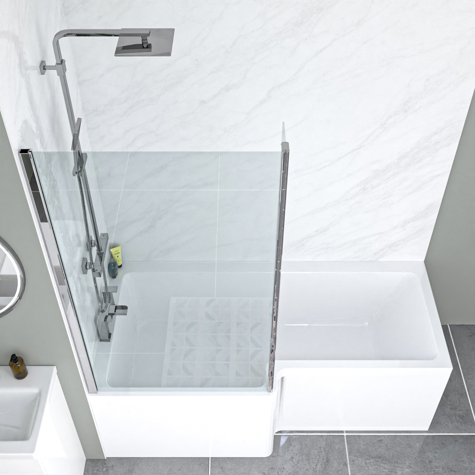 Nanuya L-Shaped LH Bath Front Panel White Basin Vanity Toilet Tap & Shower Set