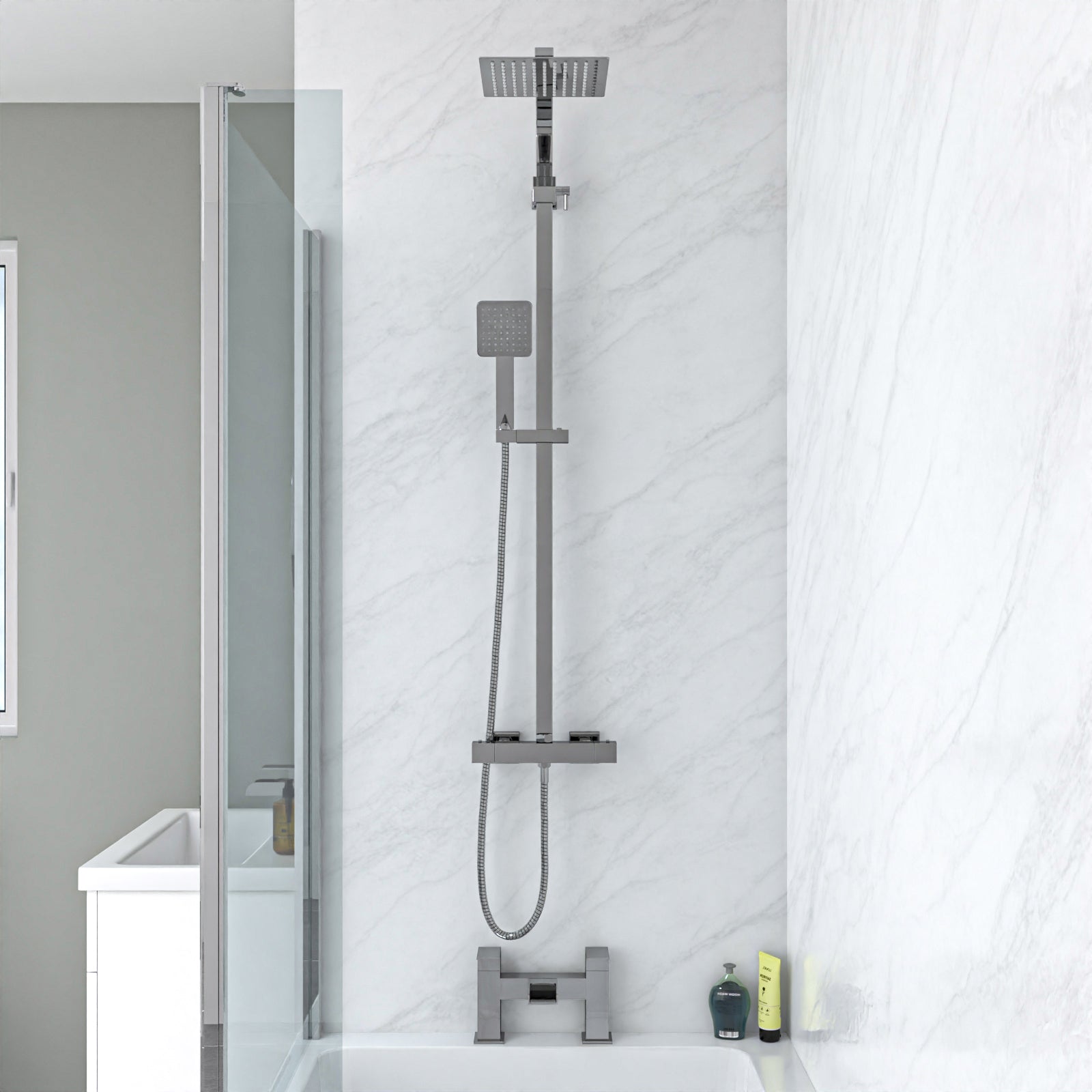 Nanuya L-Shaped LH Bath Front Panel White Basin Vanity Toilet Tap & Shower Set