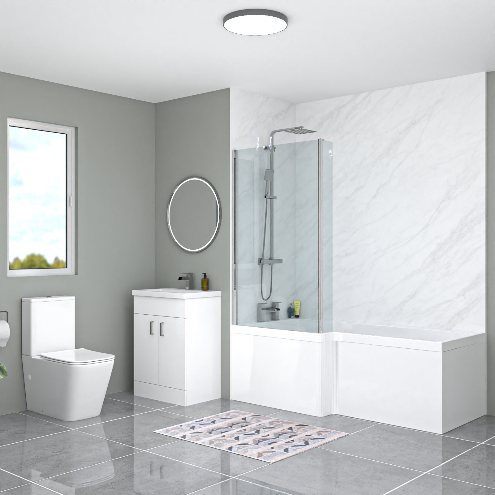 Nanuya L-Shaped LH Bath Front Panel White Basin Vanity Toilet Tap & Shower Set