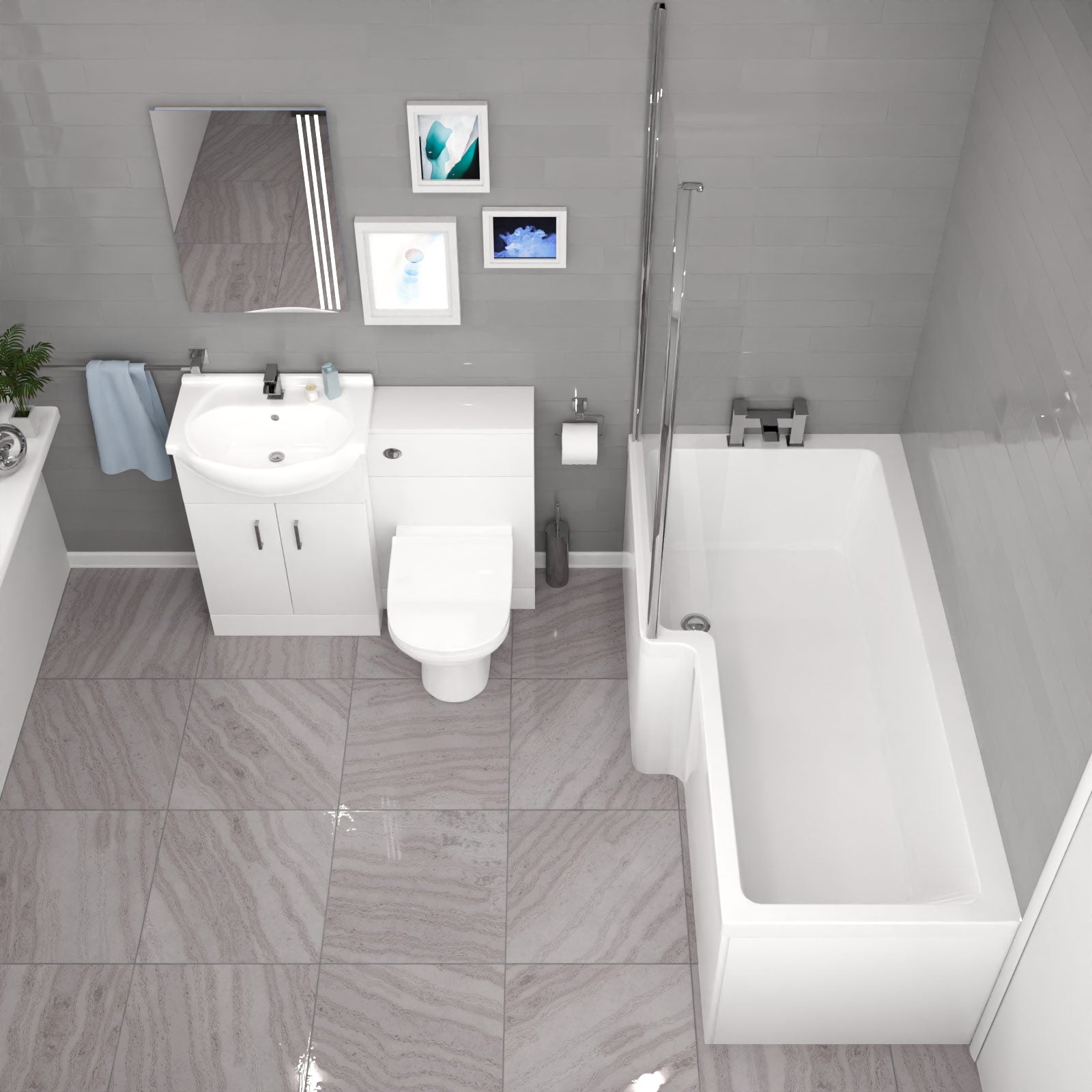 Ellen L-Shaped Shower Bath with Vanity Unit, WC Unit & Toilet