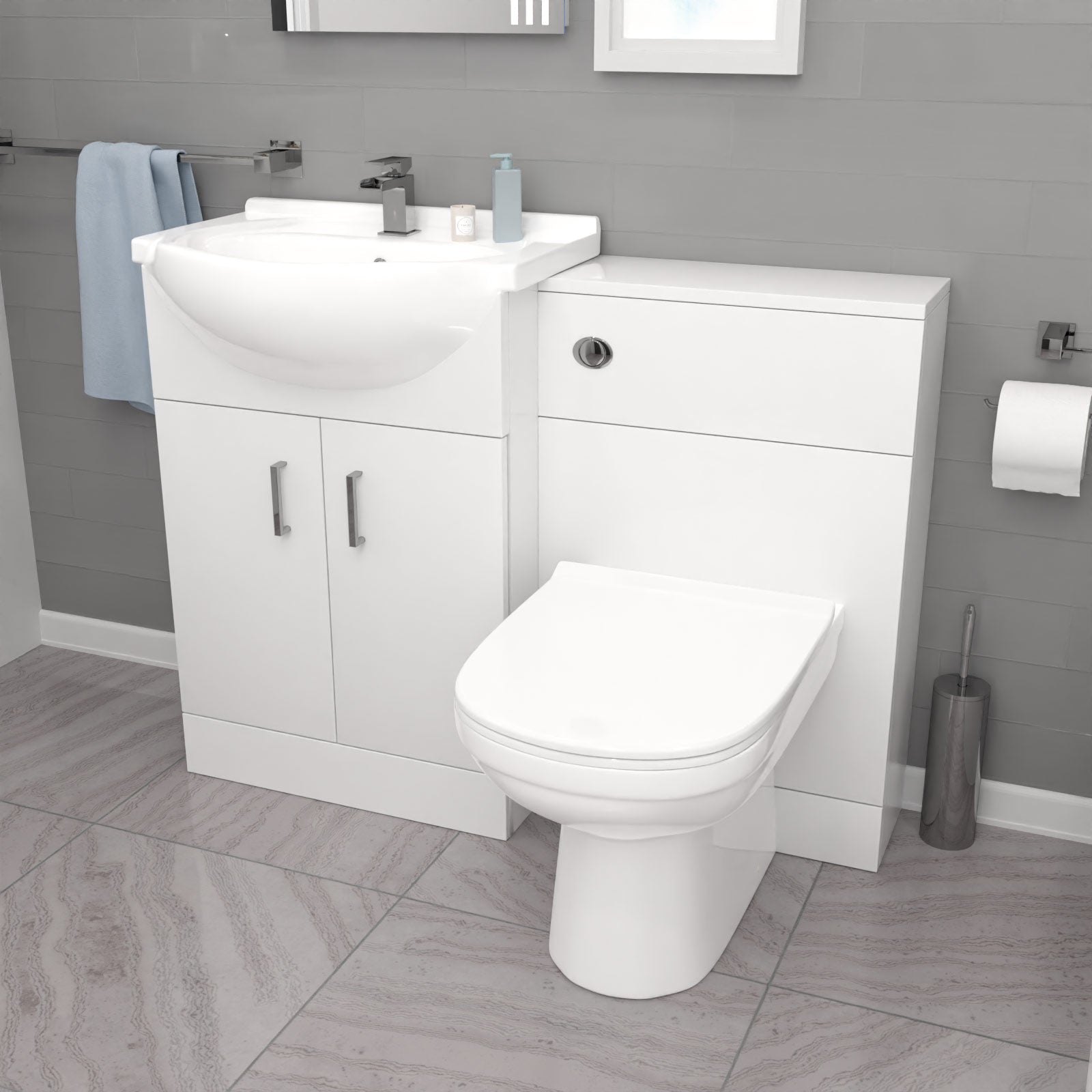 Ellen L-Shaped Shower Bath with Vanity Unit, WC Unit & Toilet
