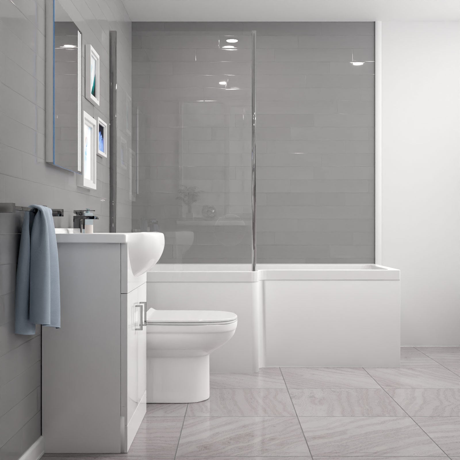 Ellen L-Shaped Shower Bath with Vanity Unit, WC Unit & Toilet