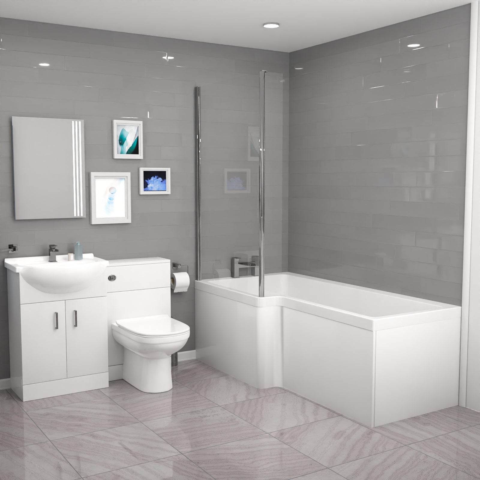 Ellen L-Shaped Shower Bath with Vanity Unit, WC Unit & Toilet
