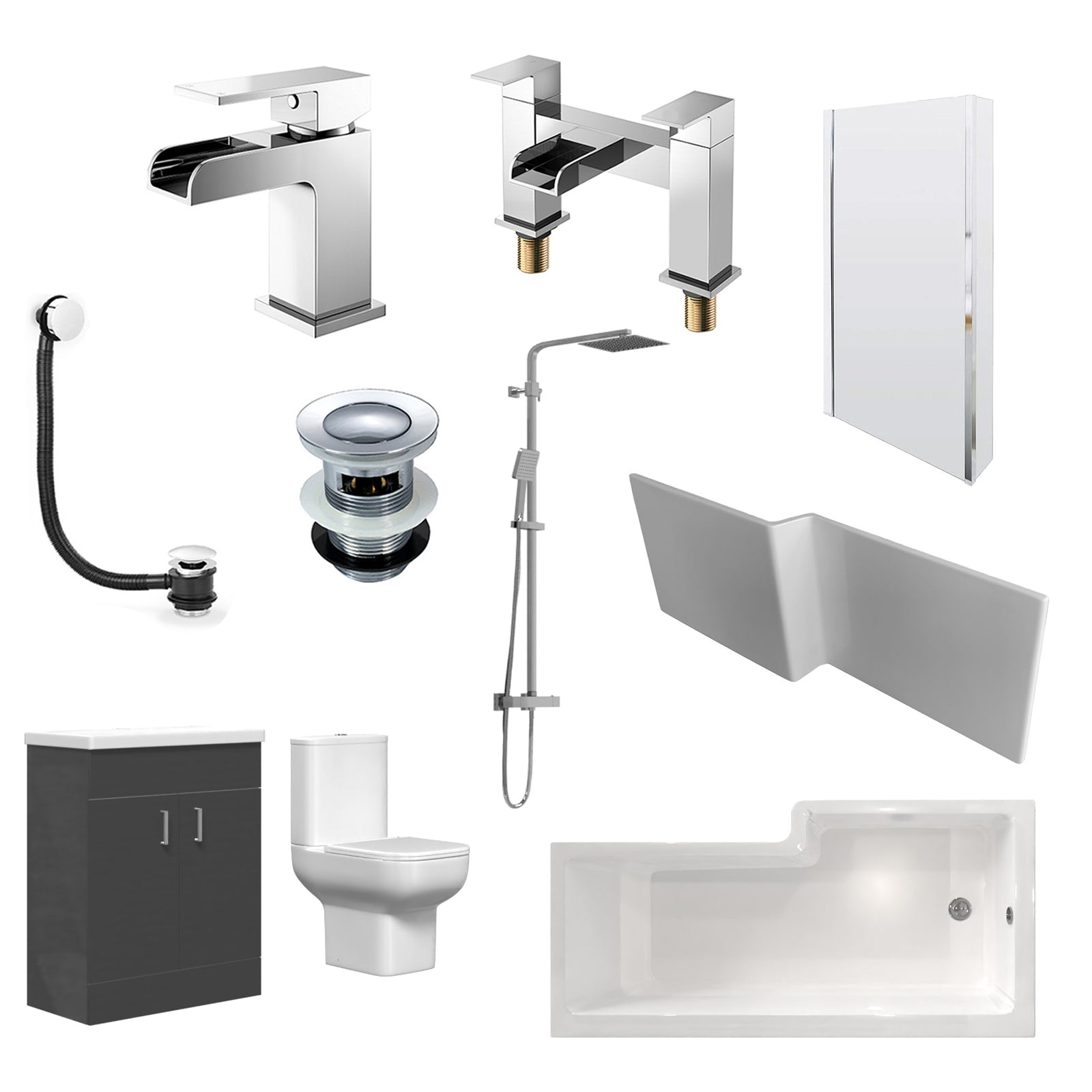 Nanuya White L-Shaped LH Shower Bath + Basin BTW Toilet Vanity With Taps