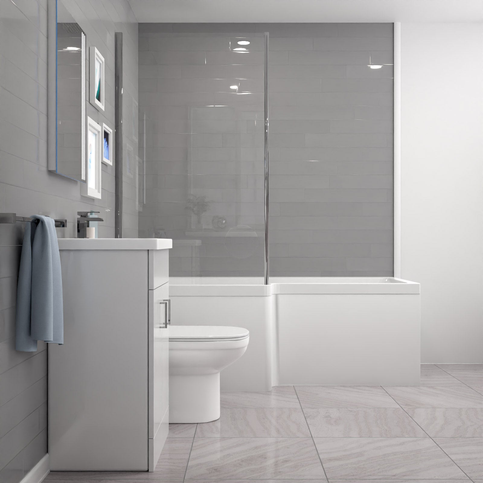 Nanuya L-Shaped LH Shower Bath Floor Standing White Basin Vanity BTW Toilet