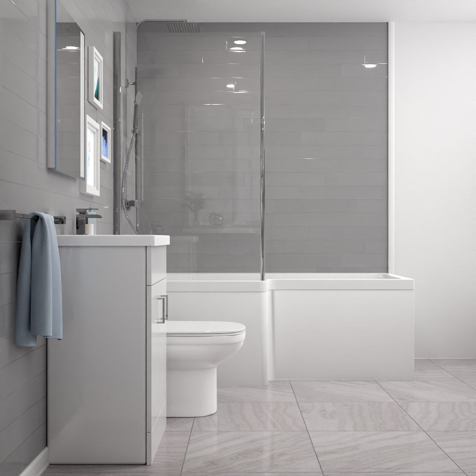 Nanuya L-Shaped Shower Bath with Vanity Unit & Toilet, Taps & Shower