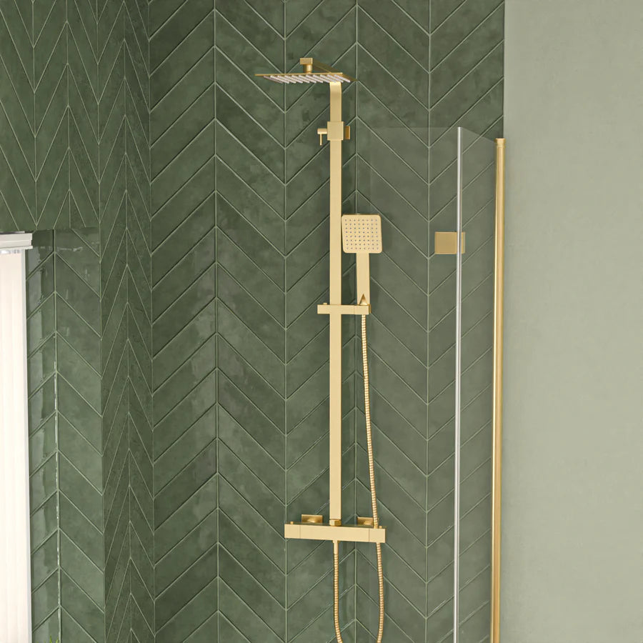 Nanuya L-Shaped RH Shower Bath Basin Vanity Toilet Set Brushed Brass Taps