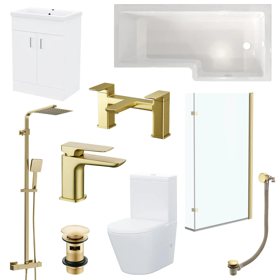 Nanuya L-Shaped RH Shower Bath Basin Vanity Toilet Set Brushed Brass Taps