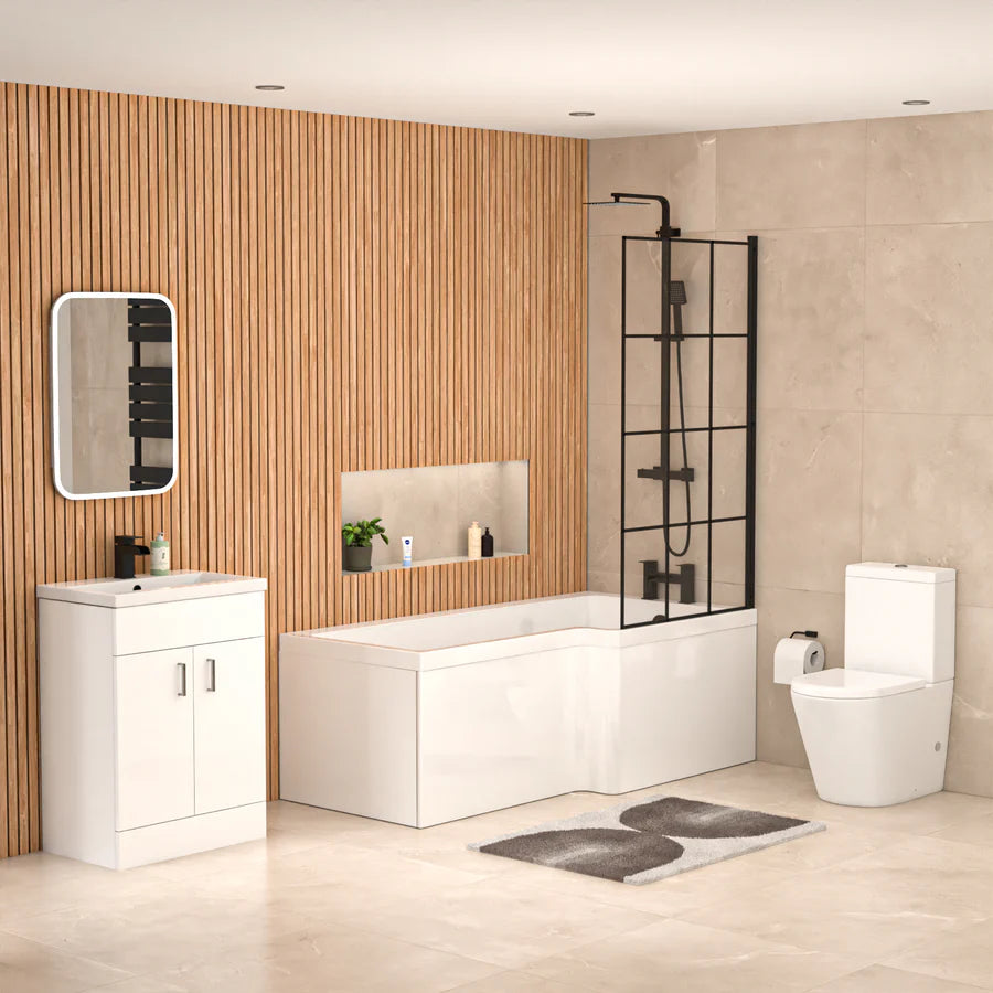 Nanuya L-Shaped RH Shower Bath Basin Vanity Toilet Set Matte Black Taps