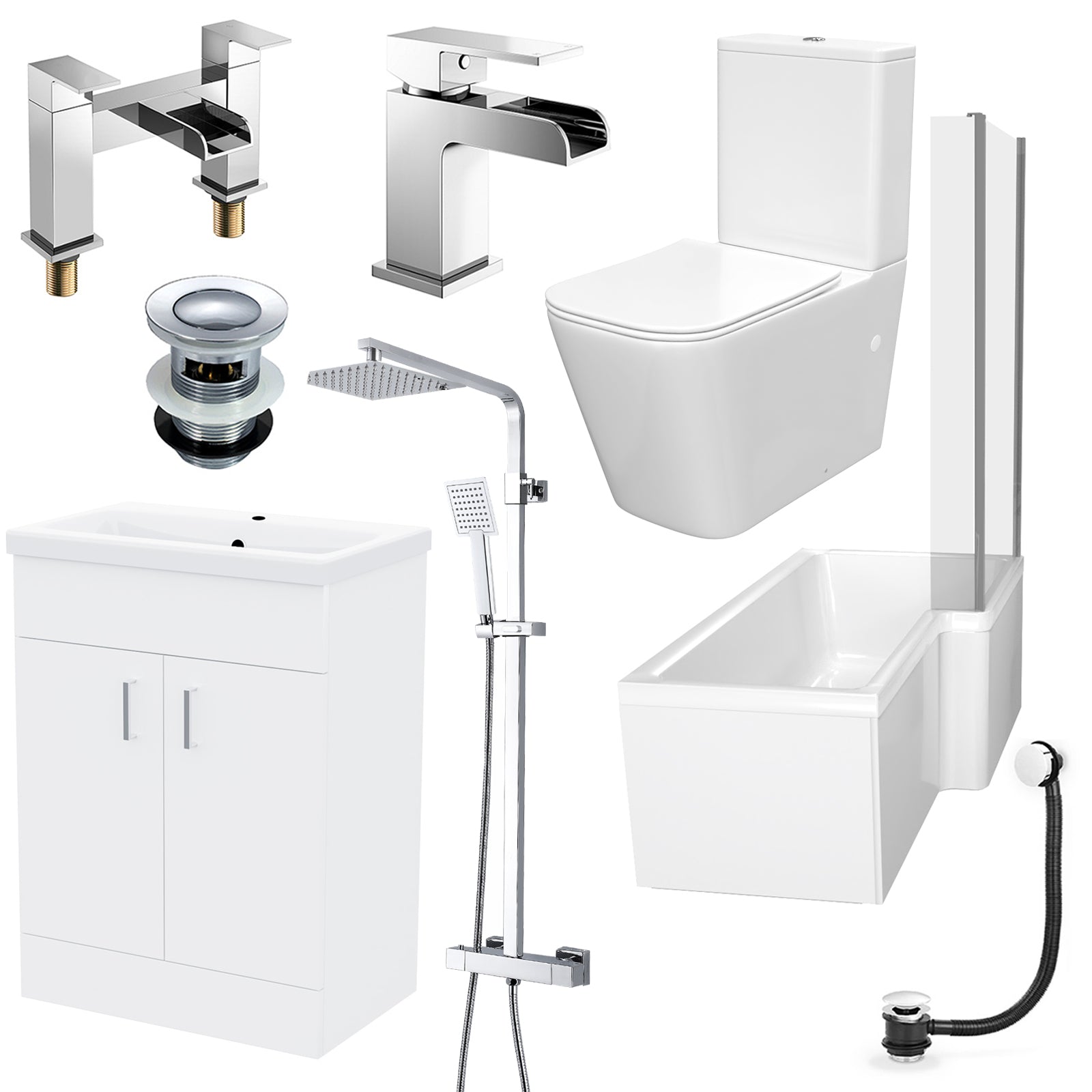 Nanuya L-Shaped RH Bath Front Panel White Basin Vanity Toilet Tap & Shower Set