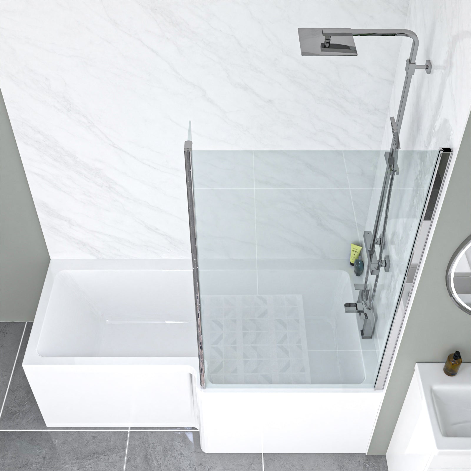 Nanuya L-Shaped RH Bath Front Panel White Basin Vanity Toilet Tap & Shower Set