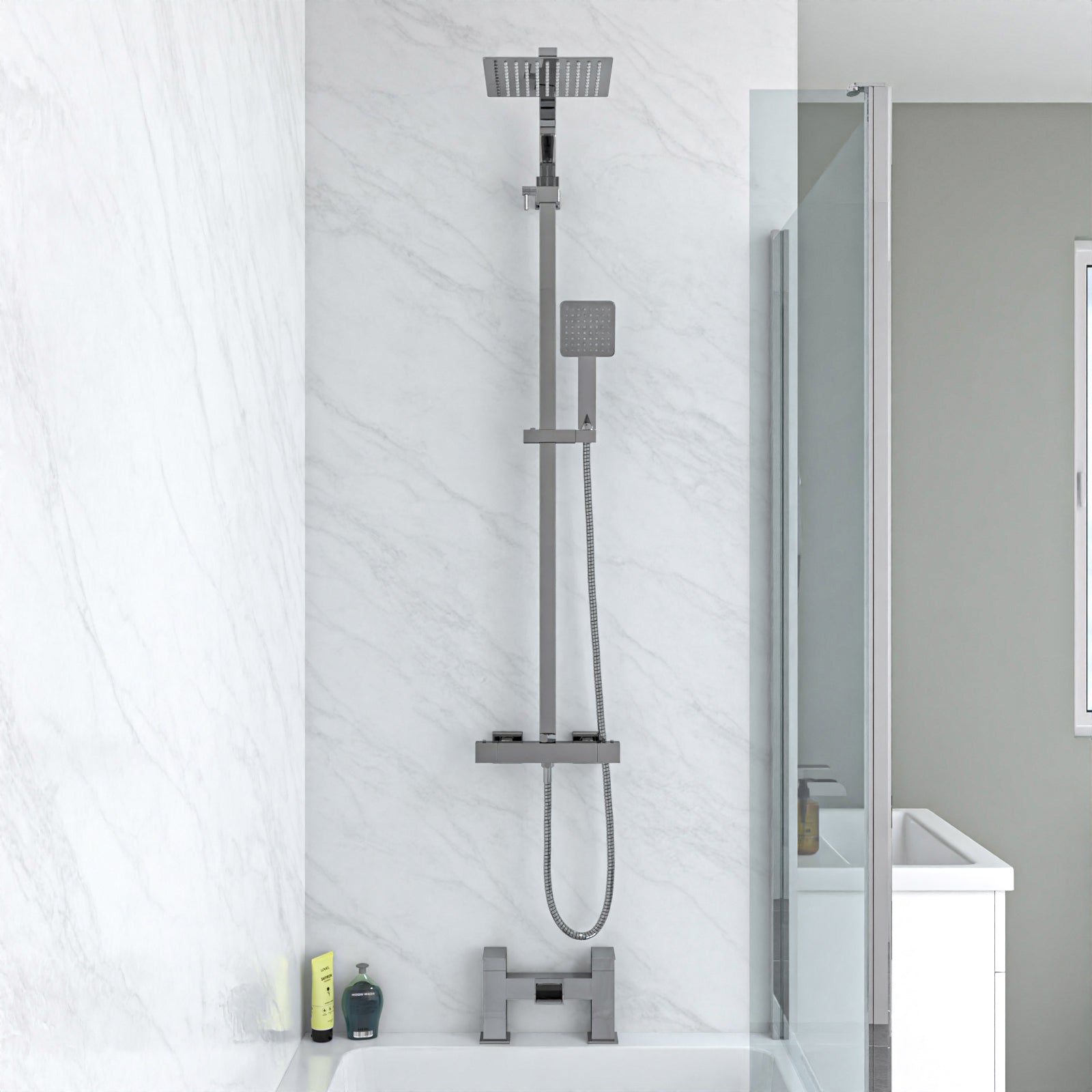 Nanuya L-Shaped RH Bath Front Panel White Basin Vanity Toilet Tap & Shower Set