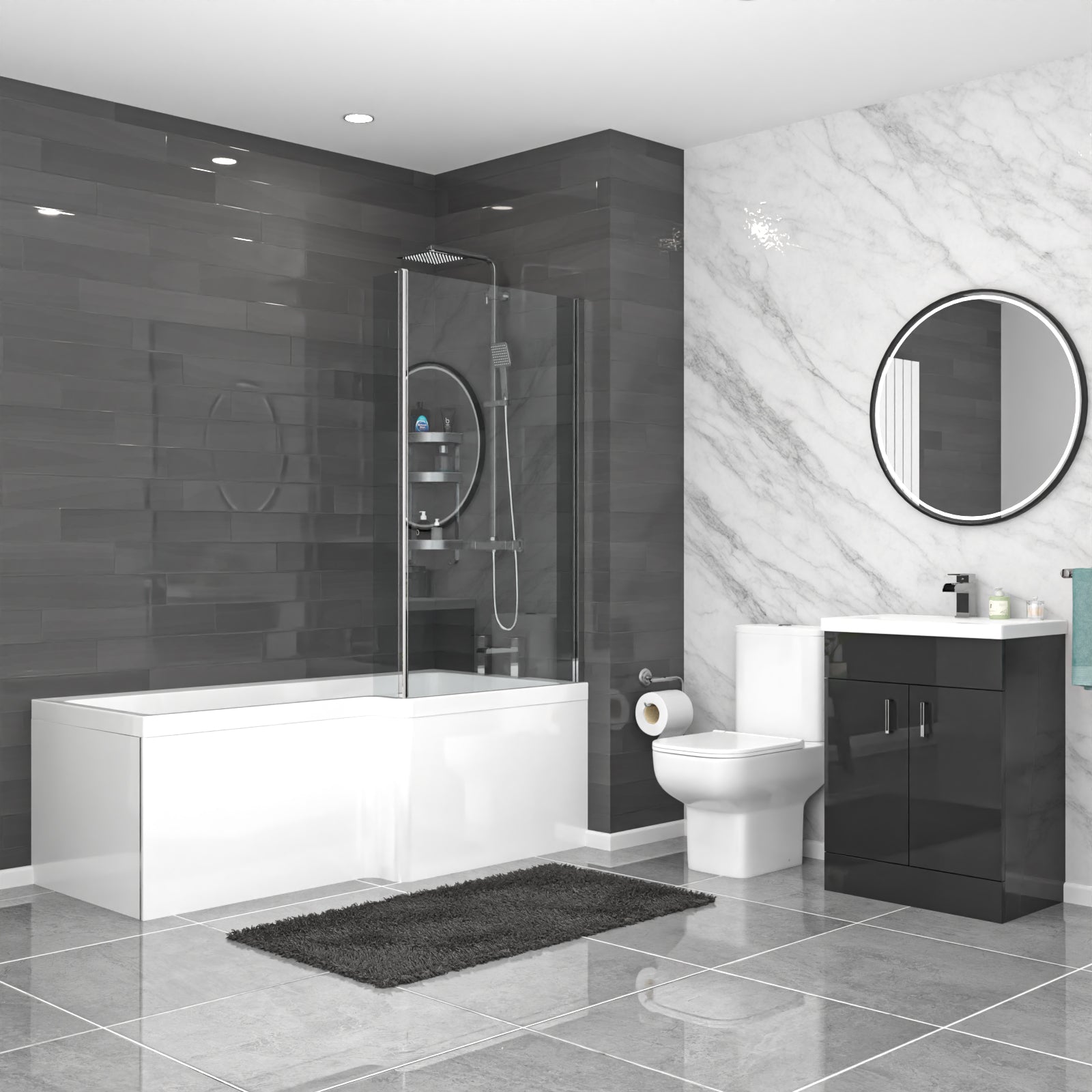 Nanuya White L-Shaped RH Shower Bath & Basin BTW Toilet Vanity With Taps