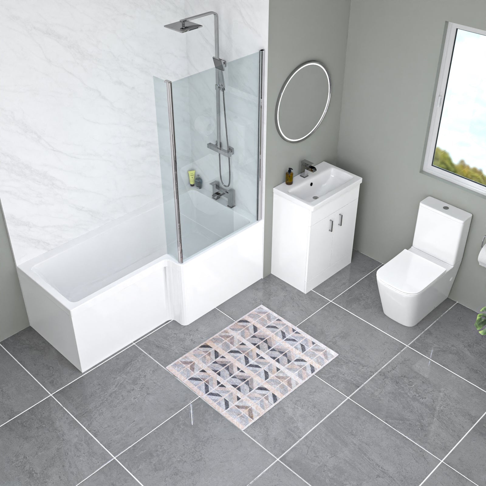 Nanuya L-Shaped Shower Bath with Vanity Unit & Toilet, Taps & Shower Suite
