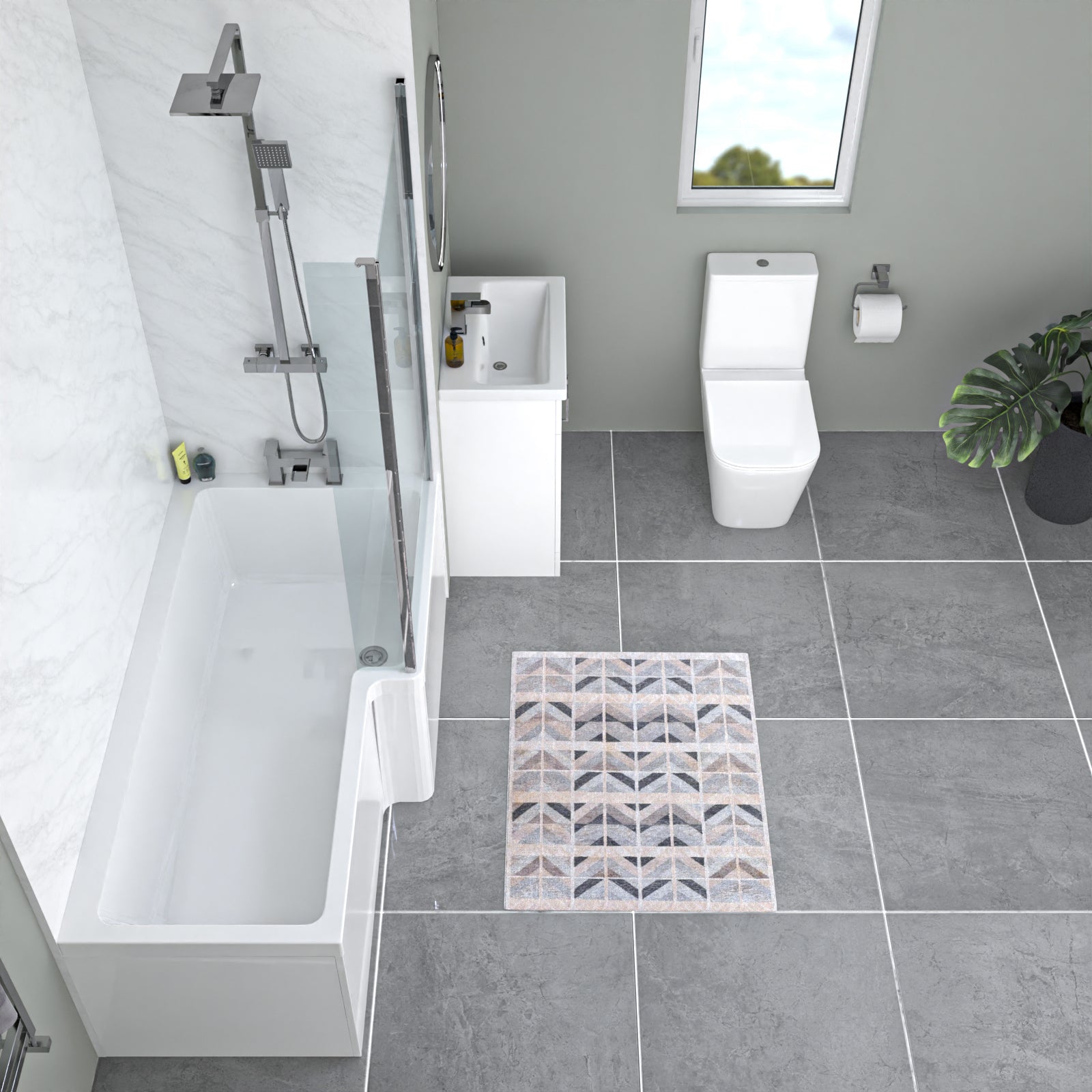 Nanuya L-Shaped Shower Bath with Vanity Unit & Toilet, Taps & Shower Suite