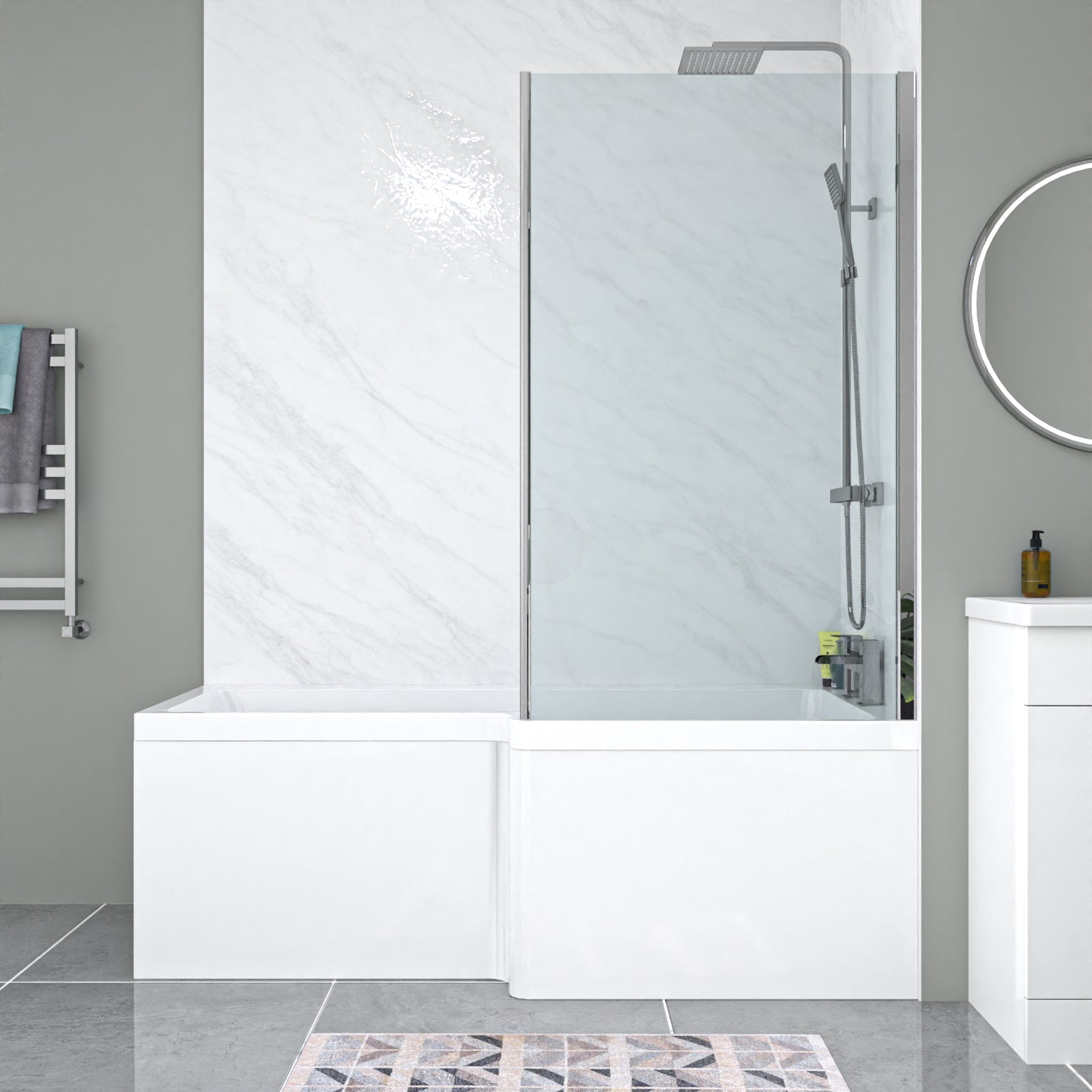 Nanuya L-Shaped Shower Bath with Vanity Unit & Toilet, Taps & Shower Suite