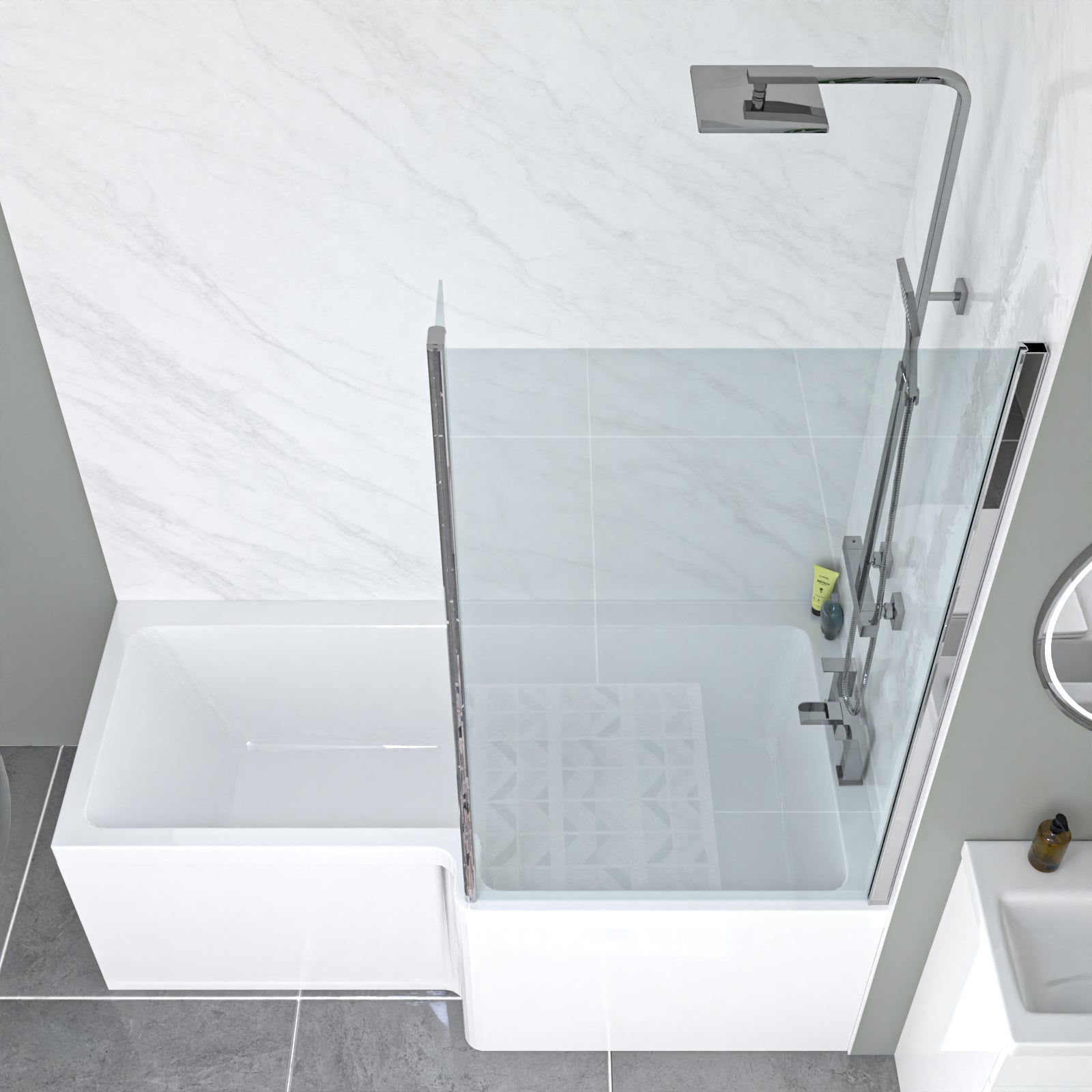 Modern shower setup with glass enclosure and shower head in a bathroom.