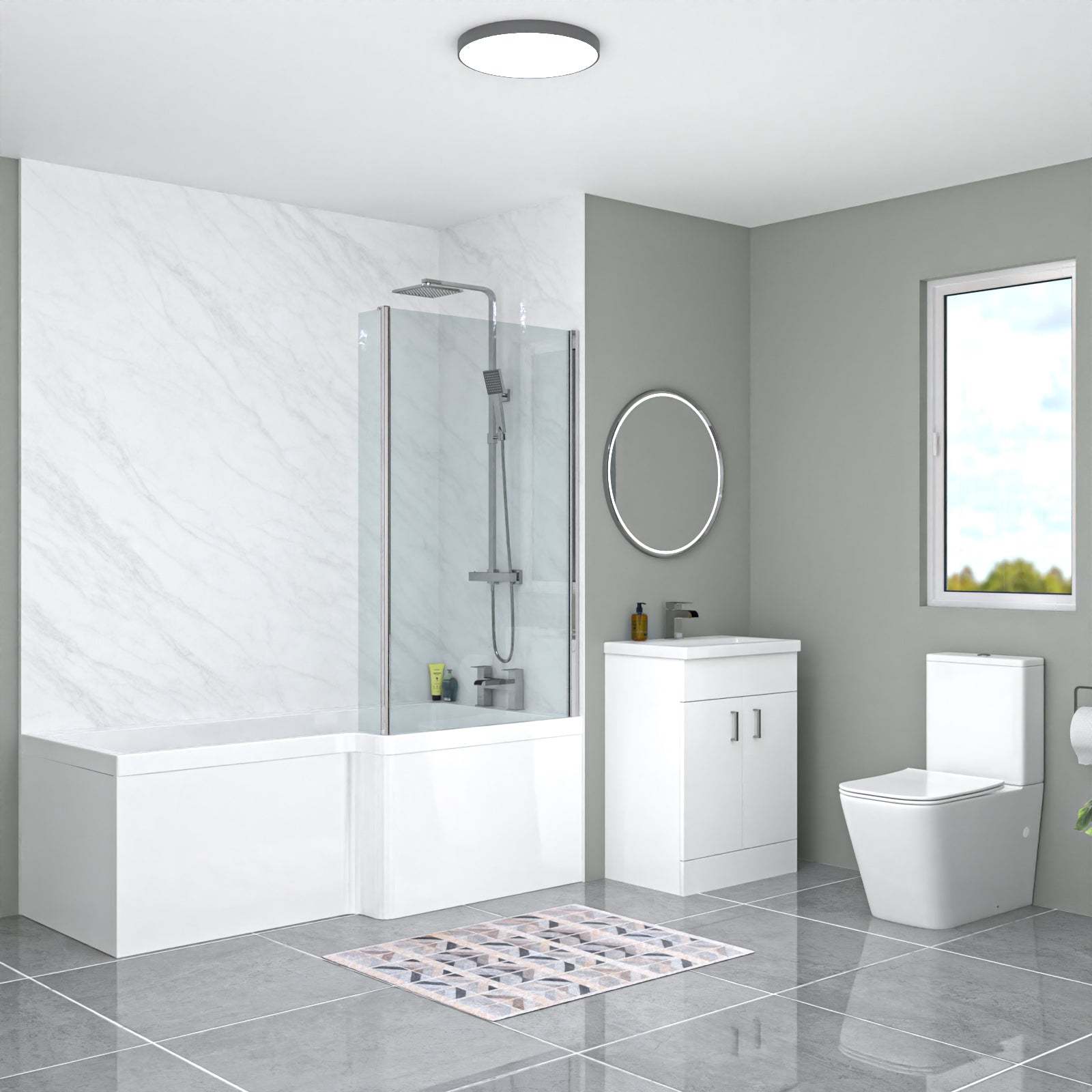 Nanuya L-Shaped Shower Bath with Vanity Unit & Toilet, Taps & Shower Suite