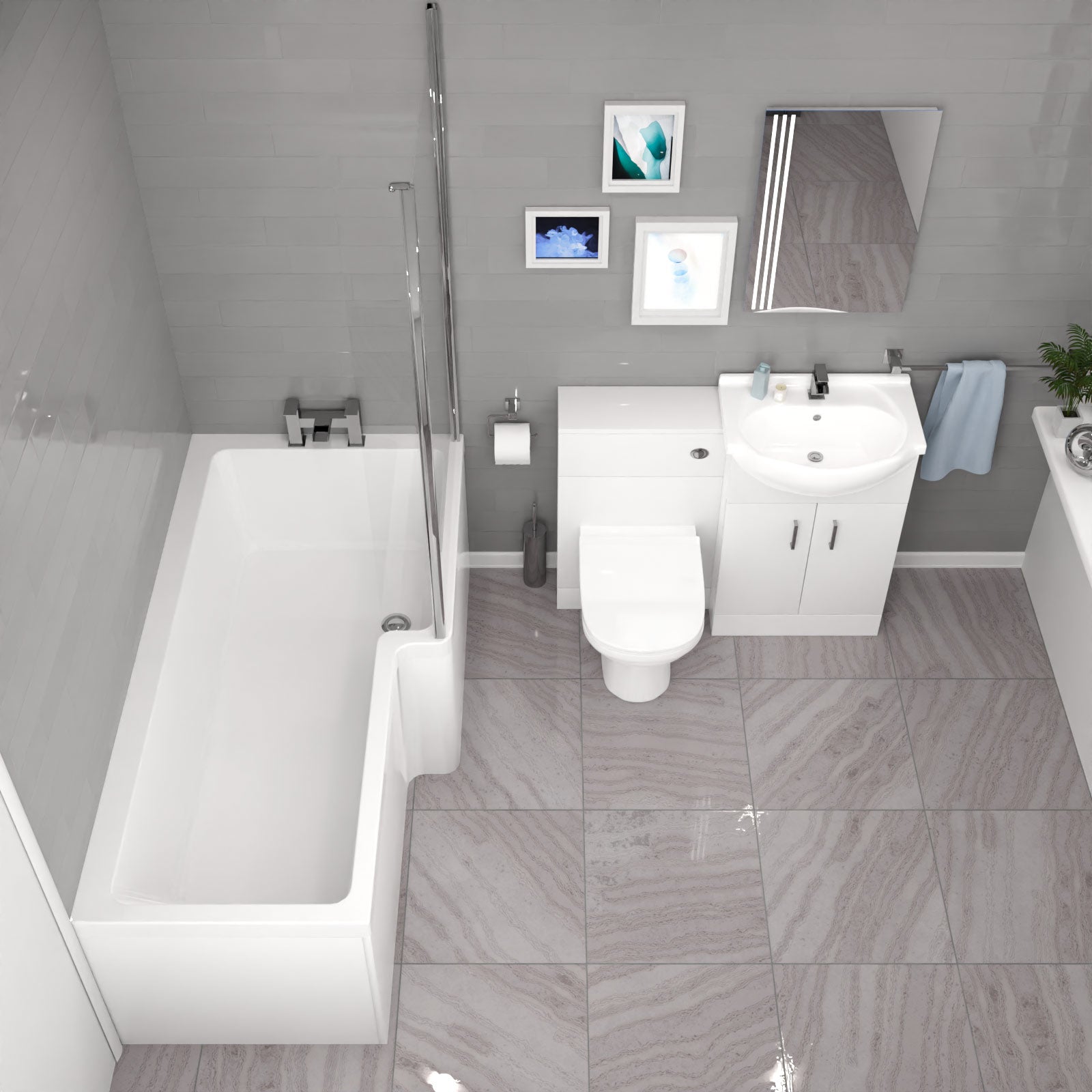 Ellen L-Shaped Shower Bath with Vanity Unit, WC Unit & Toilet